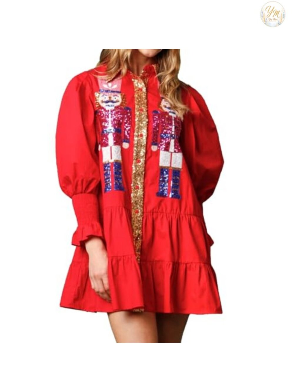 ABYOVRT Sequin Sweatshirt Dress Women Puff Sleeve Button Down Mini Christmas